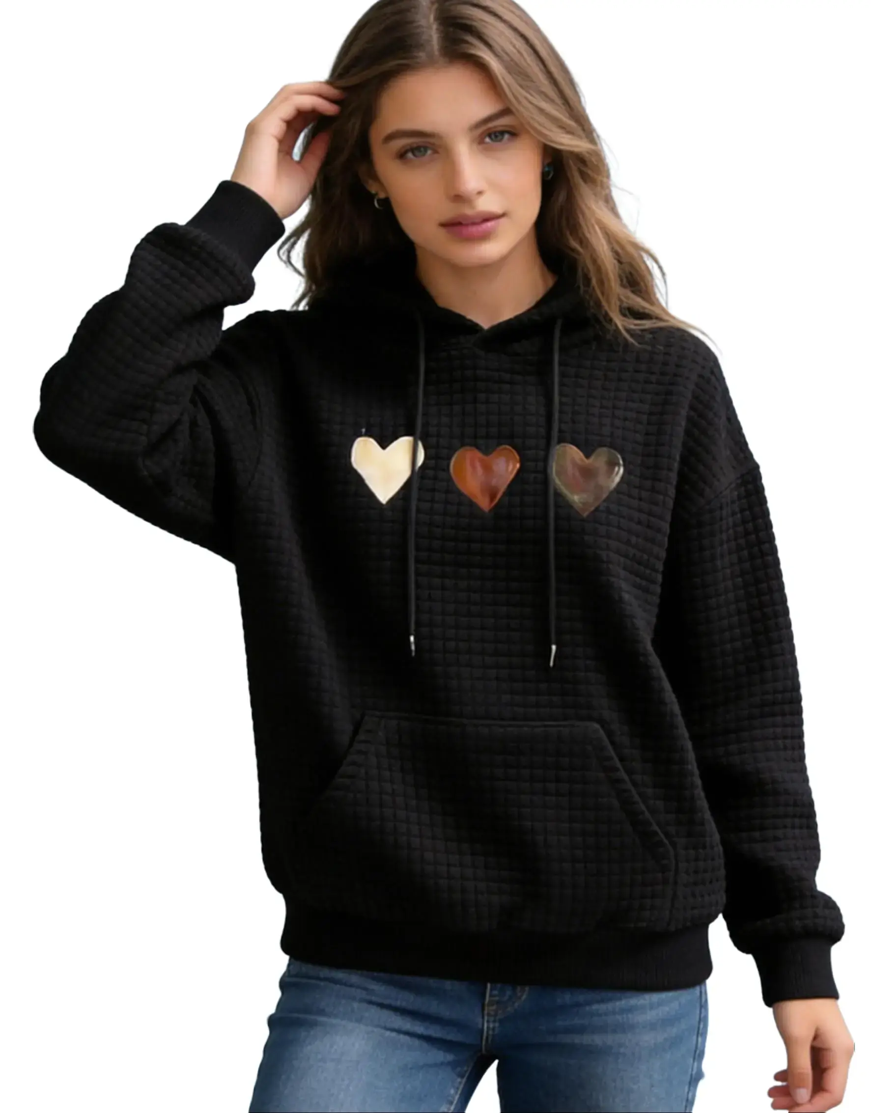 Women's clothing Heart & Patchwork Print Pullover, Casual Wear with Drawstring Hood & Relaxed Fit, Machine Washable, Waffle Fabric Women's Fashion Hoodie,Sweatshirt for Women,Summer Outfits for Women