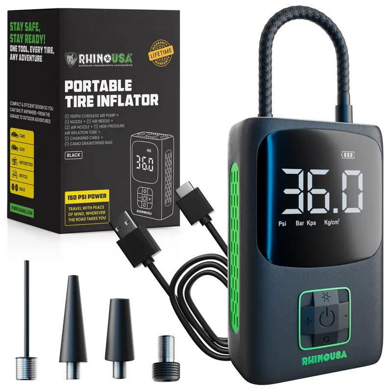 Rhino USA Tire Inflator Portable Air Compressor (150 PSI) Upgraded Air Pump for Car Tires with Digital Pressure Gauge