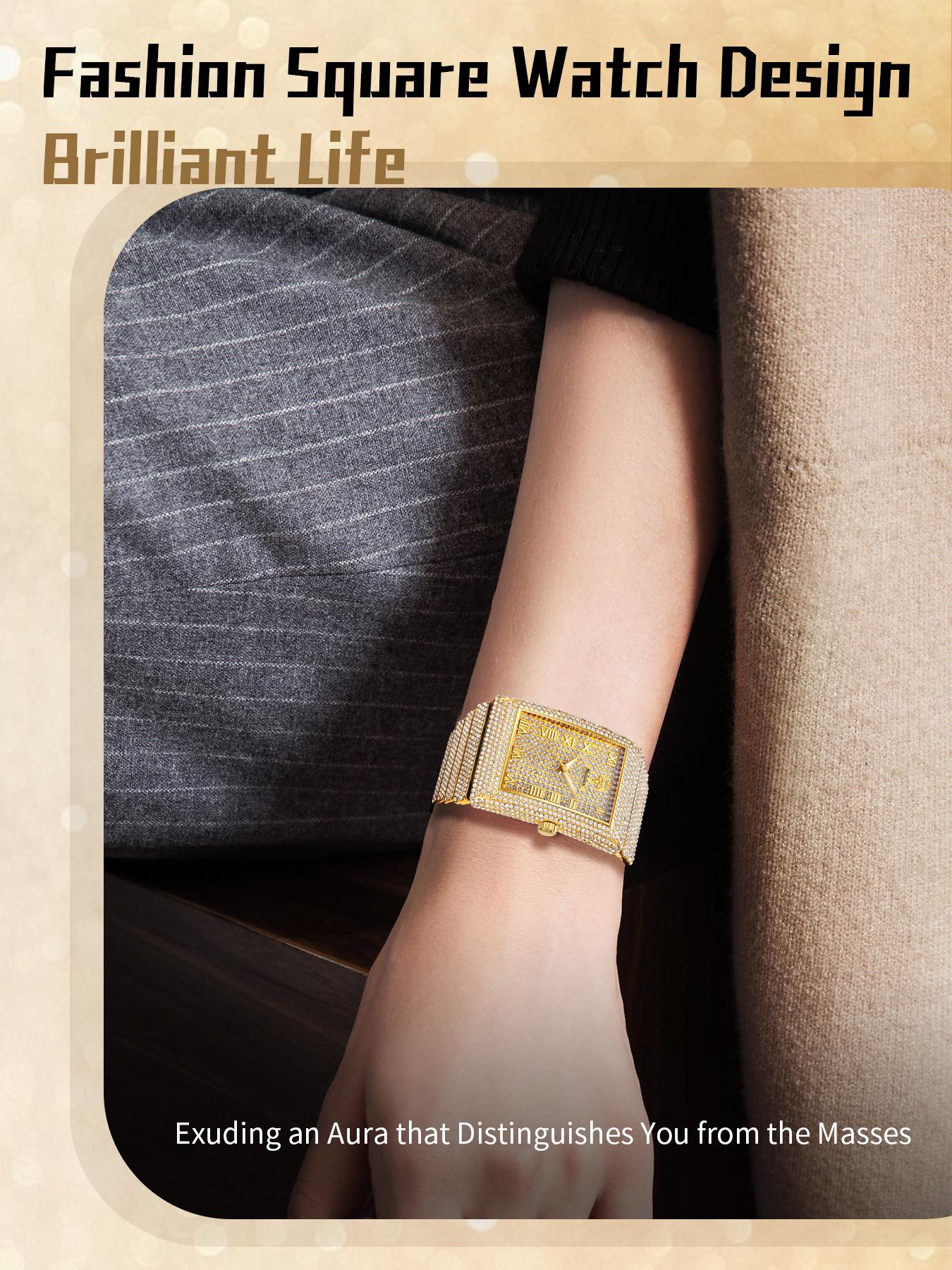 Unisex  Square Synthetic Cubic zirconia  Watch golden & Silver Iced Out Bling Waterproof Luminous Adjustable Perfect Gift for Him & Her LX1082G