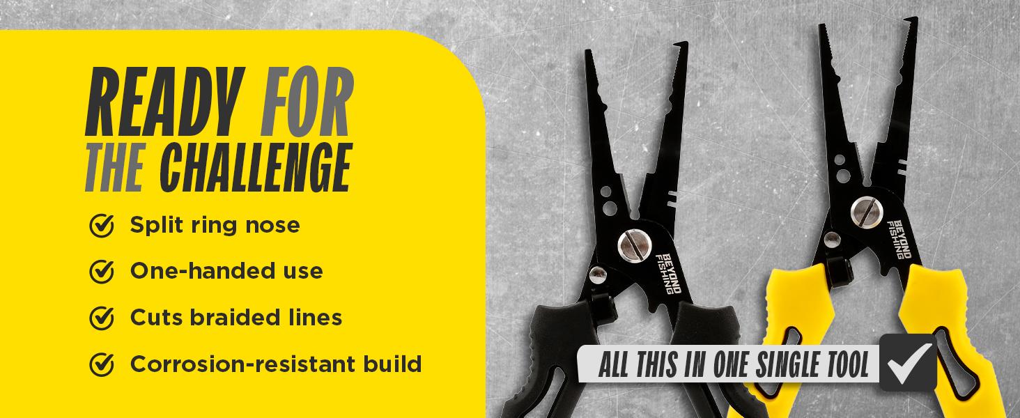 Beyond Fishing QuickRig 7 inch Fishing Pliers – Multifunction Stainless Steel Split Ring Pliers for Fishing with Line Cutter & Crimper – Corrosion Resistant & Spring Loaded Design