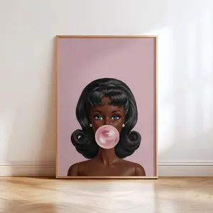 Black Girl Bubblegum Art, Retro Pop Doll Portrait, Pink Aesthetic Wall Decor, Preppy Room Print, African American Art 9