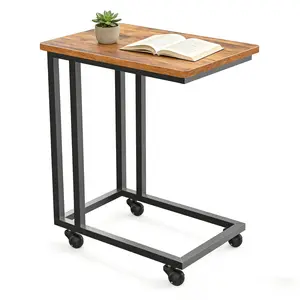 Rolling C Shaped Side Table, Bedside Table with Wheels, Sofa Couch Slide Under Table, Mobile Laptop Desk, Adjustable Metal Frame Wood Top, Small Space Living Room Bedroom