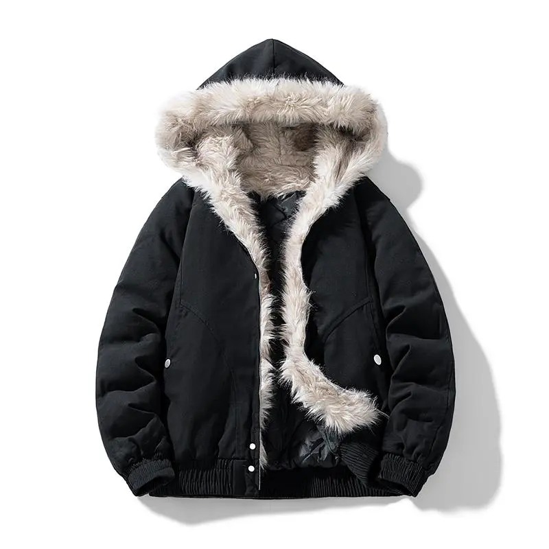 Fashionable casual Artificial fur collar jacket ，with hooded zipper closure long-sleeved coat for streetwear outfits and winter outfits Faux Fur Lining
