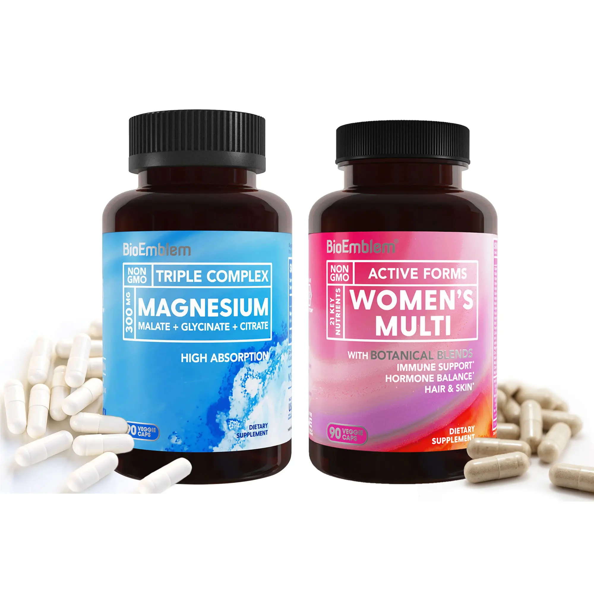 BioEmblem Triple Magnesium Complex 300mg & Women's Multivitamin with 21 Key Nutrients for Diet & Fitness
