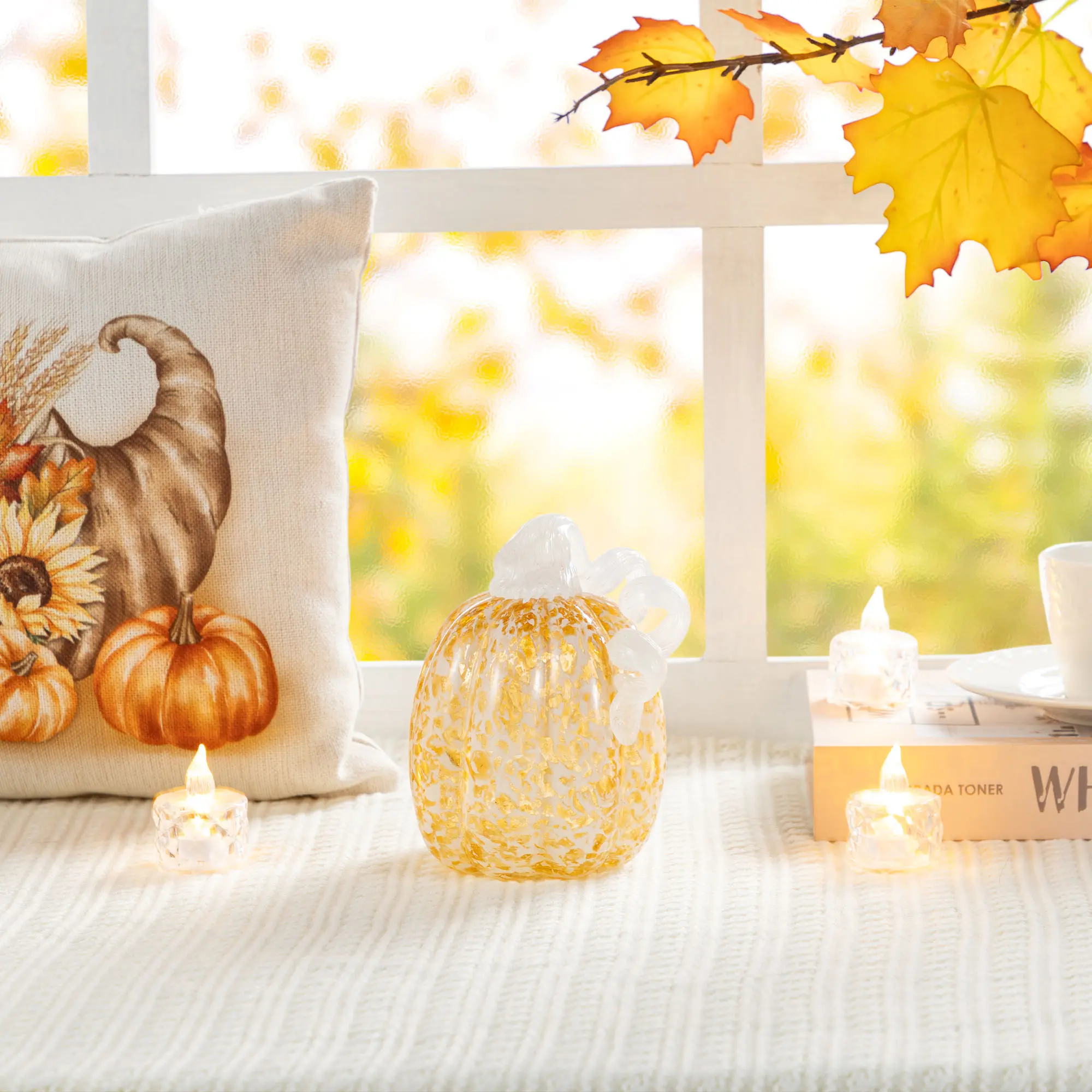 Glitzhome 5.5"H Glass Pumpkin with Fall Amber Dots - Modern Harvest Decoration, Festive Centerpiece, No Excessive Ornament for Room Decor
