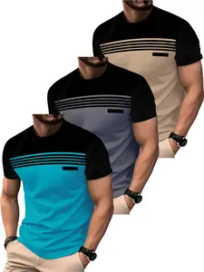 Men’s short-sleeve T-shirts, set of 3, striped panel design; casual everyday wear, comfortable and breathable fabric, suitable for summer.