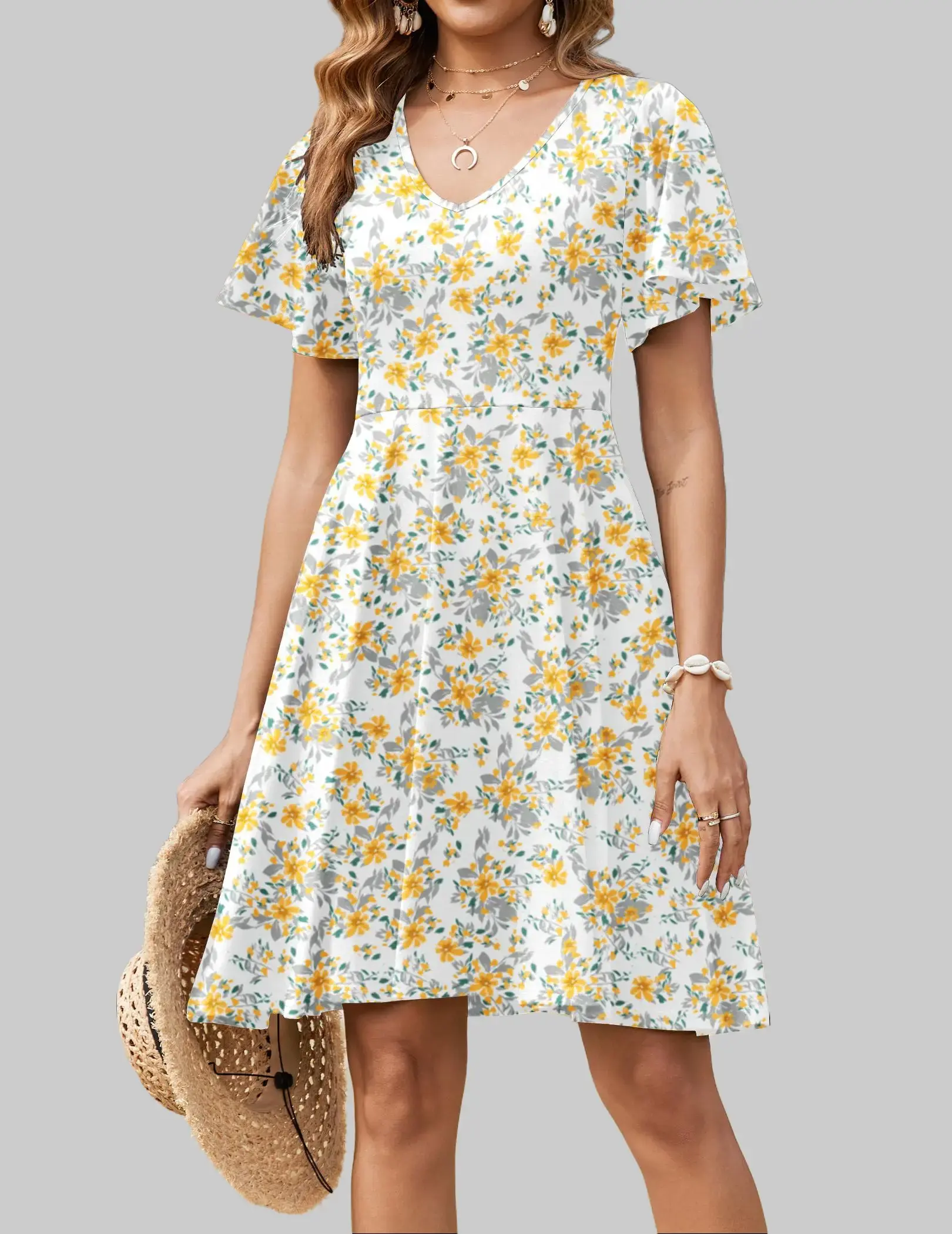 Womens Summer Dress Casual Swing Floral Ruffle Short Sleeve Sundresses Beach Mini A-line Shift Dress 2025 with Pockets