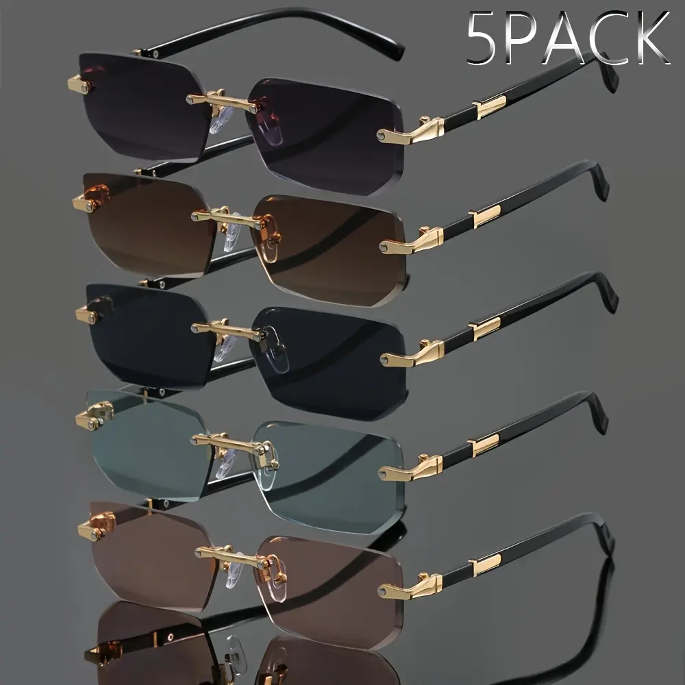 5-Pair Vintage Rectangle Sunglasses Set, Unisex Rimless Metal High-Quality Eyewear for Parties and Street Photography, Rectangle Glasses, Stylish Sunglasses, Fashion Glasses, Decoration, Chic Eyewear, Classic Sunglasses
