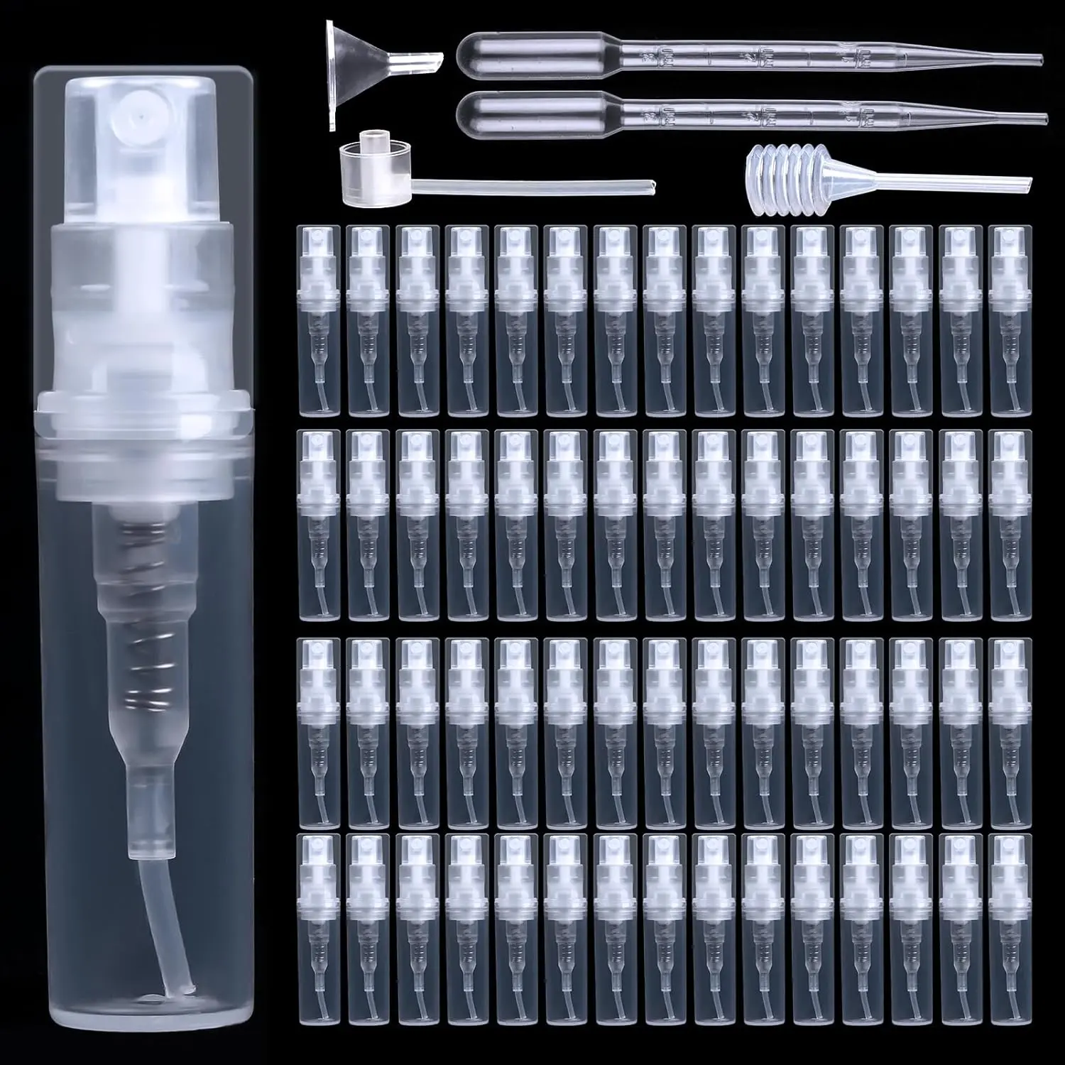 60 pcs mini spray bottle set, 2ml transparent plastic perfume spray bottle, with separator, funnel&dropper, can be filled with fine fog spray bottle, suitable for subpackage of perfume, essential oil&cosmetics