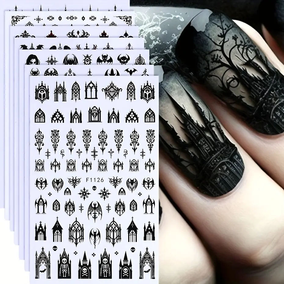 7/14/28 pcs Gothic Halloween Nail Stickers Set, 3D Black Design with Gothic Architecture, Skulls, and Y2K Aesthetic for Autumn Nail Art Decor