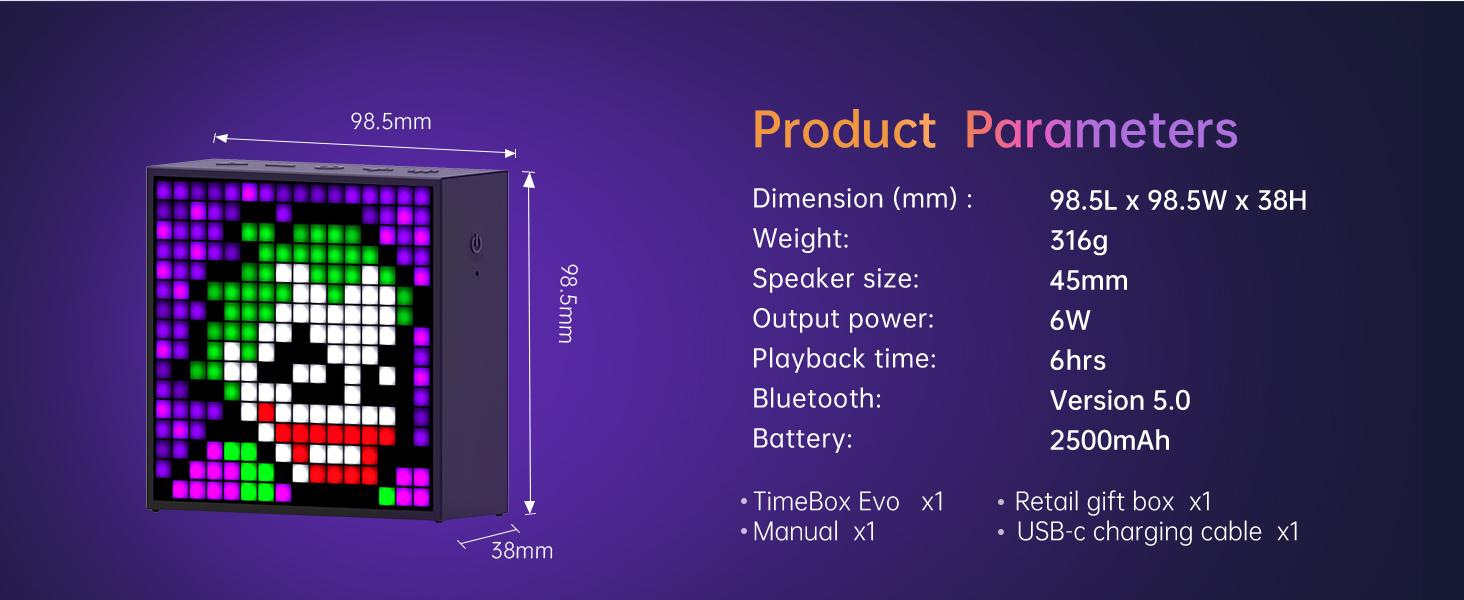 Divoom TimeBox Evo - Pixel Art Bluetooth Speaker with 16x16 LED Display APP Control - Cool Animation Frame & Gaming Room Setup & Bedside Alarm Clock- Black , speker gift Music Sound System Audio