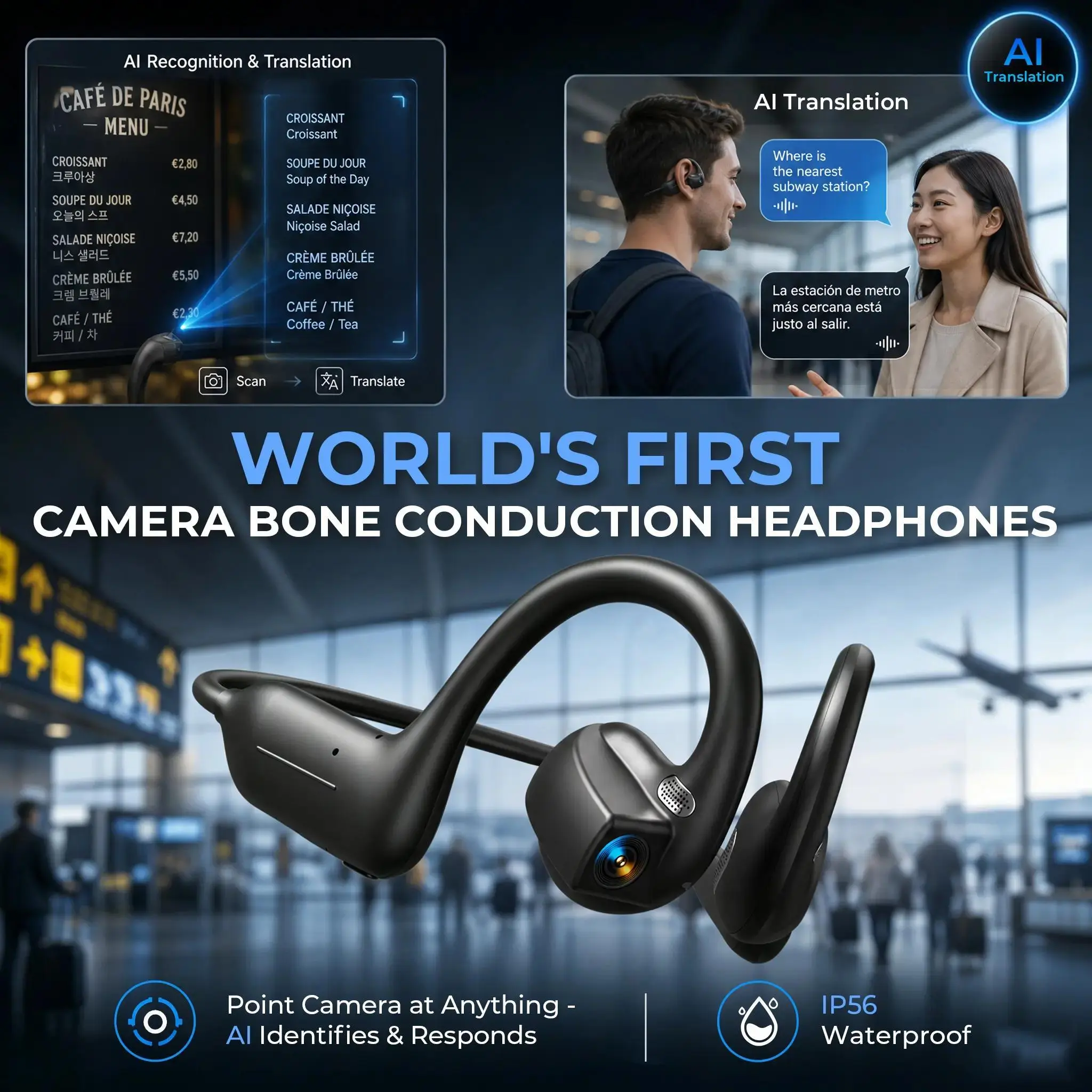 E12 Wearable Bone Conduction Wireless Audio Headphones - 8MP EIS Stabilized Video Camera, 160+ Languages Real-Time Translation, Dual Touch & Button Operation, IP54 Rated Open Ear Earphones for Outdoor Cycling, Sports Vlogging