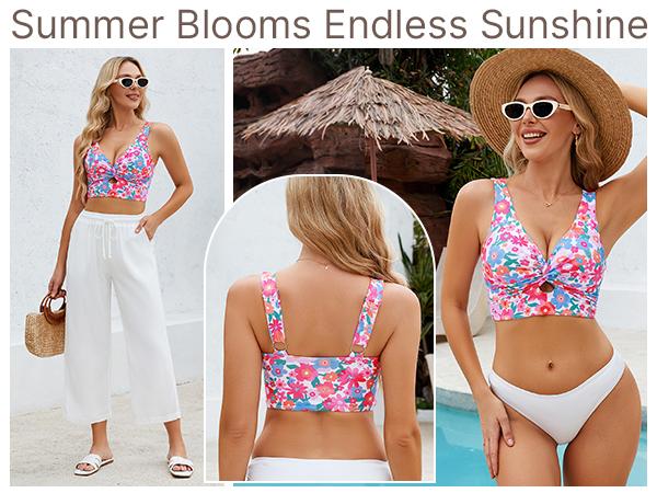 GRAPENT Floral Printed Bikini Tops for Women Cropped Tankini Padded Knot Twist Cut Out Beach Swim Top Only Summer Swimsuits