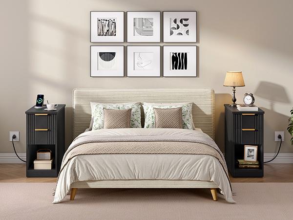 HOOBRO Narrow End Table, Fluted Nightstand with 2 Drawers and Open Shelf, Built-in Charging Station, Modern Bedside Table for Small Spaces, Bedroom, Living Room, Black and Gold HOOBRO Narrow End Table, Fluted Nightstand with 2 Drawers and Open Shelf, Built-in Charging Station, Modern Bedside Table for Small Spaces, Bedroom, Living Room, Black and Gold