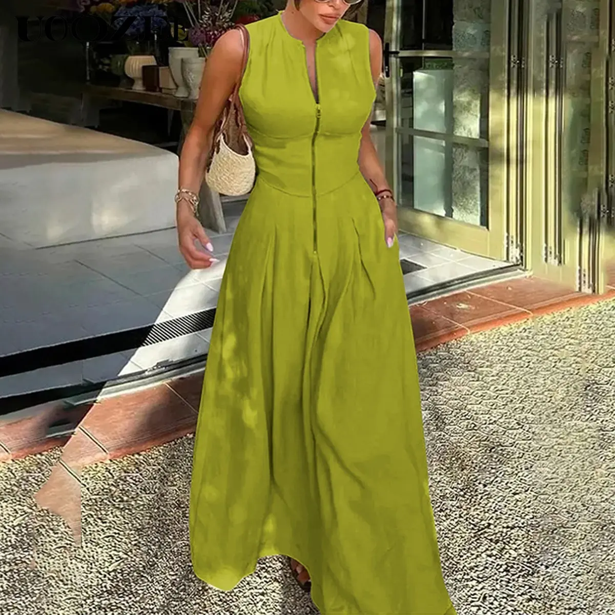 UOOZEE Women's Casual A-Line Dress, Elegant Sleeveless Pleated Dacron Sundress with Pockets and Round Neck Zipper Slit, Lady, Women's Clothes, Casual Wear, Basic, Stylish Women's Wear