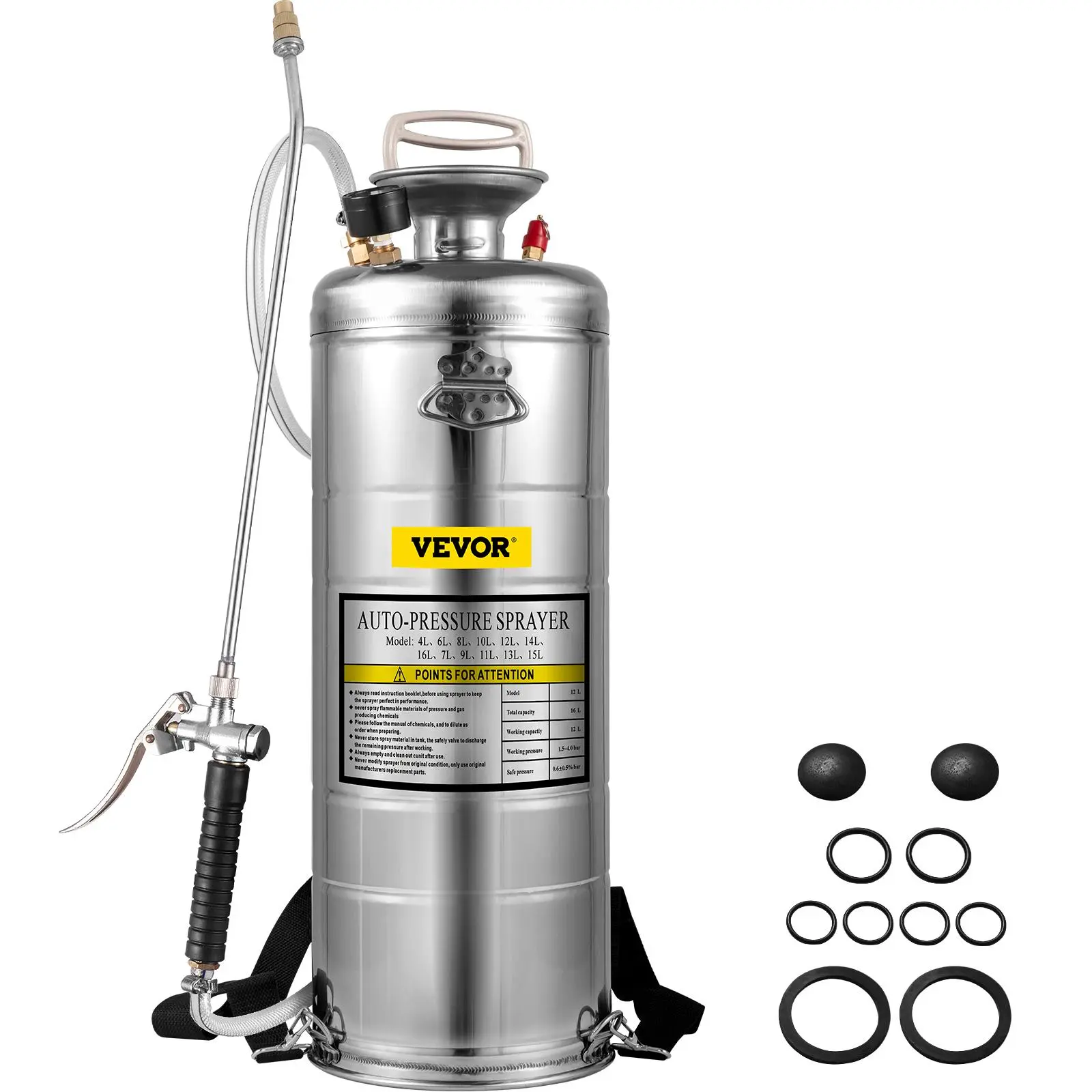 【FathersDayGift】VEVOR 3.5Gal Stainless Steel Sprayer,  ,l Set with 20\" Wand& Handle& 3FT Reinforced Hose, Hand Pump Sprayer with Pressure Gauge&Safety Valve, Adjustable Nozzle Suitable for Gardening& Sanitizing