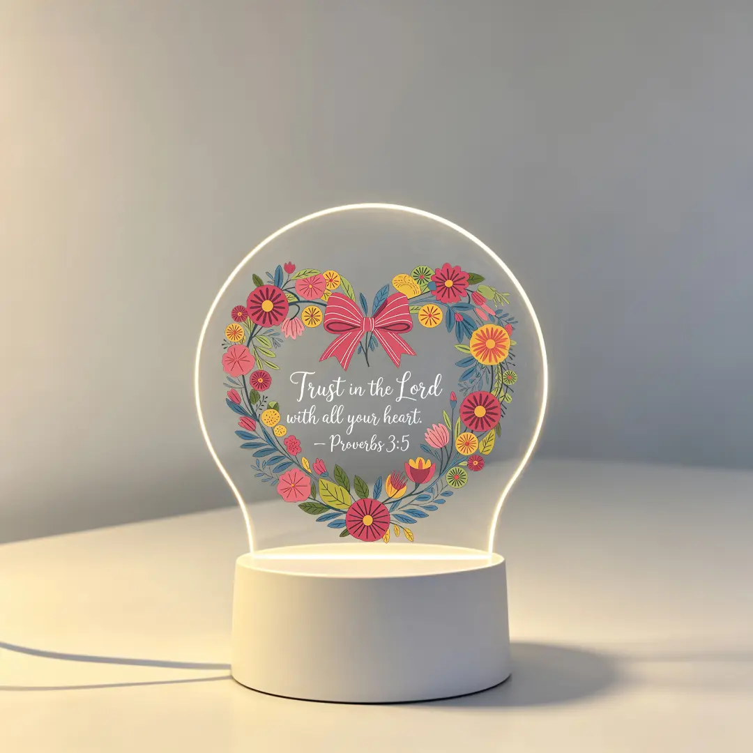 2D Flat Round Acrylic LED Night Light, Heart Floral Bow Trust In The Lord Proverbs 3:5 Bible Verse Table Lamp, Religious Faith Gift for Women Friends Church Members, Halloween Thanksgiving Christmas Bedroom Desk Decor