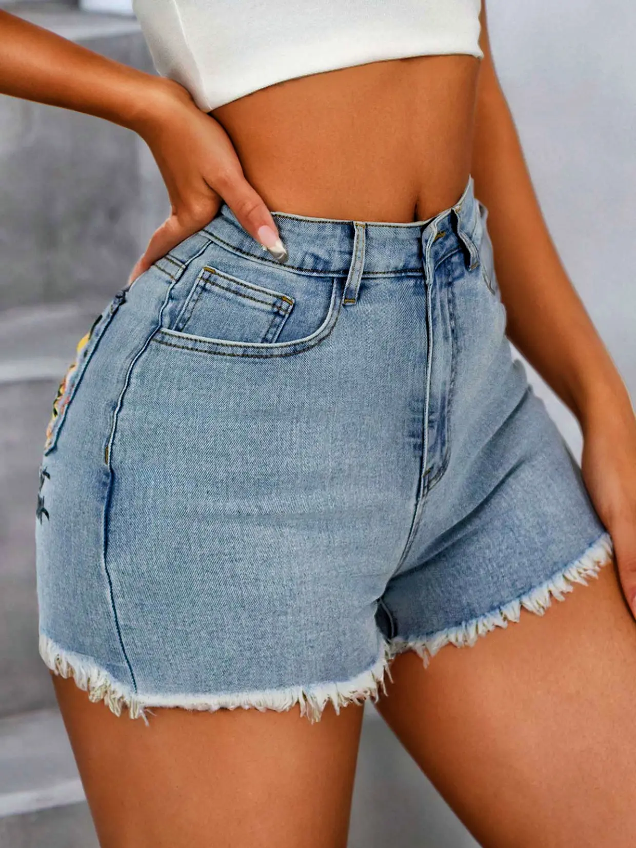 Women’s High Waisted Denim Shorts - Asymmetrical Crossover Waist, Raw Hem, Light Wash, Fitted Crop Style with Pocket for Everyday Casual Wear (Pairs with Blouses)