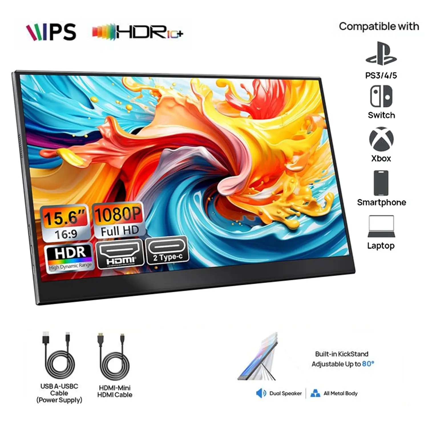 W&O 15.6in 1920x1080 FHD HDR IPS Portable Monitor, Travel Monitor for Laptop, PC Accessories Cool Tech Gadgets with USB-C/HDMI, Built-in Speakers, Premium Smart Cover, Screen Protector, Plug & Play Design for PC MAC Phone