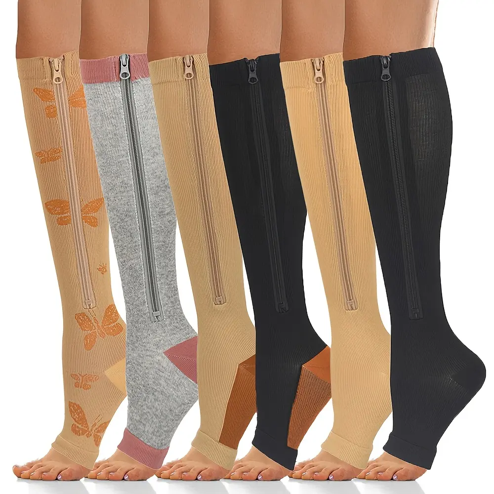 Unisex Rib Compression Socks, 2/6 Pairs Thigh-High Zippered Toeless Nylon Stockings, Compression Socks for Women, Ideal for Athletes, Travel, Fitness, Compression Socks Women