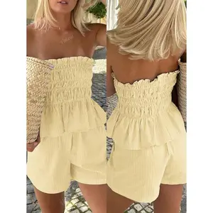 Women's Summer Butter Yellow Woven 2Pecs-One Shoulder Striped Fungus Edge Summer Minimalist Everyday Bandeau Top And Shorts Set,Suitable For Vacation,Date, Afternoon Tea, Holiday, Music Festival, Sleeve Womenswear