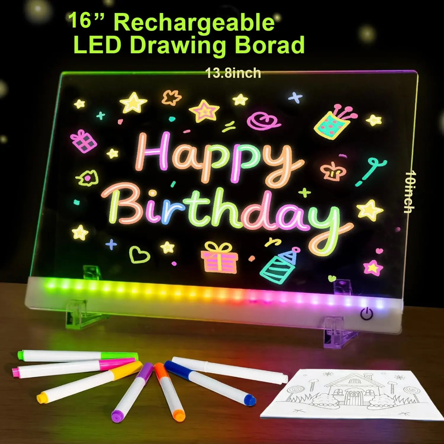 Rechargeable LED Drawing Board with 13 Light Modes, Light-Up Acrylic Message Board & DIY Night Light, Includes 8 Line Art Sheets, Stand & Hanging Chain, Neon Dry Erase Board for Kids, Dorm, Office & Store Display