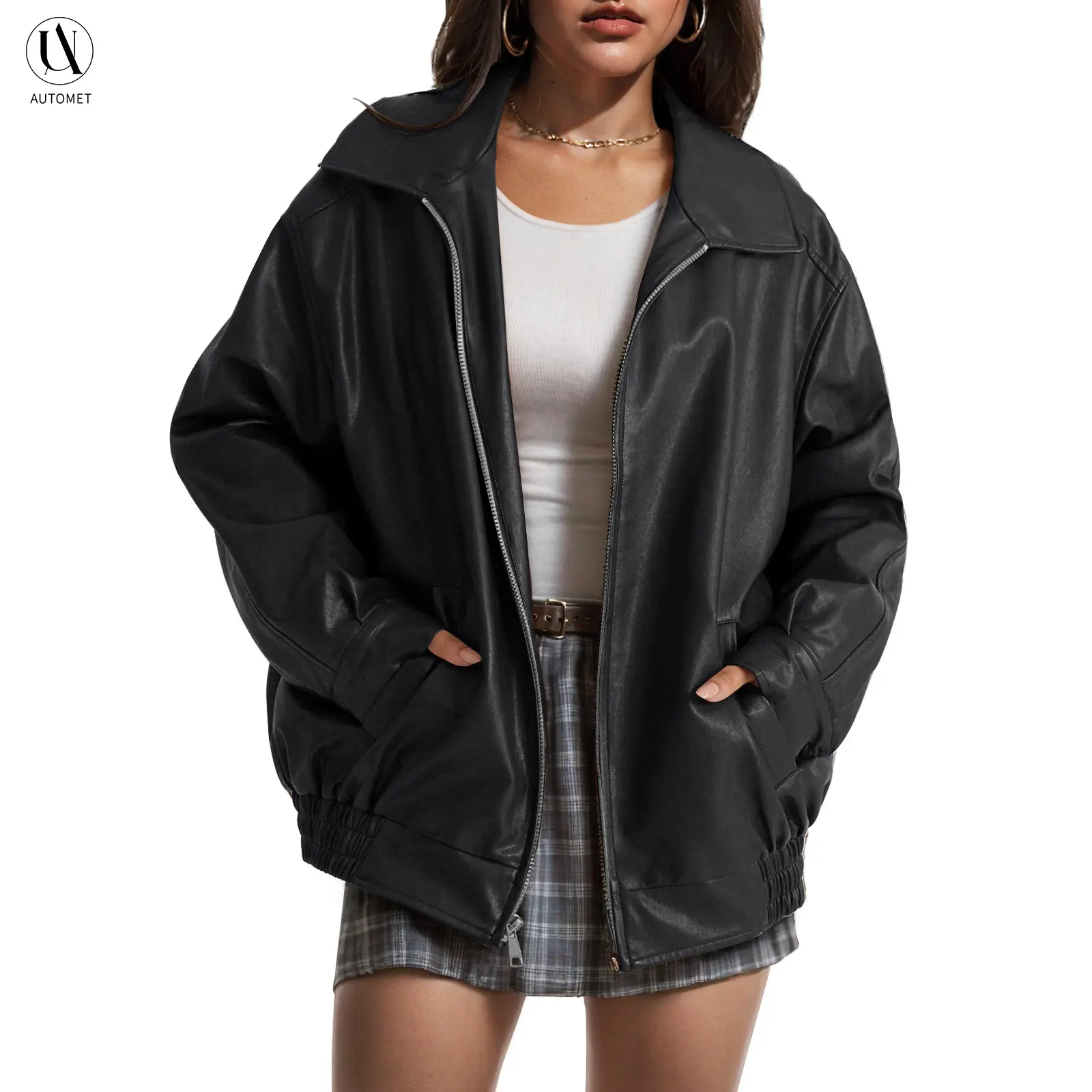 AUTOMET Women's Oversized Faux Leather Jacket for Fall and Winter | Boyfriend Biker Moto Coat, Medium weight Fall Bomber Jackets, Winter Outerwear