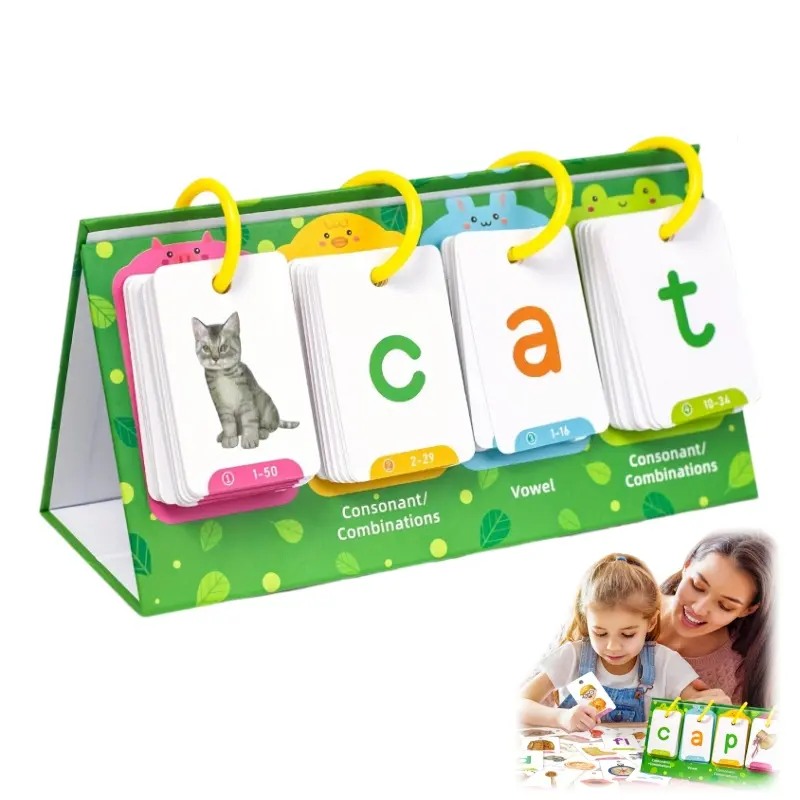 CVC Words Phonics Flash Cards Set - Safe Non-Toxic Double-Sided Tabletop Spelling Flip Chart for Toddlers, Classroom & Homeschool Hands-On Spelling Fun English Learning Toy