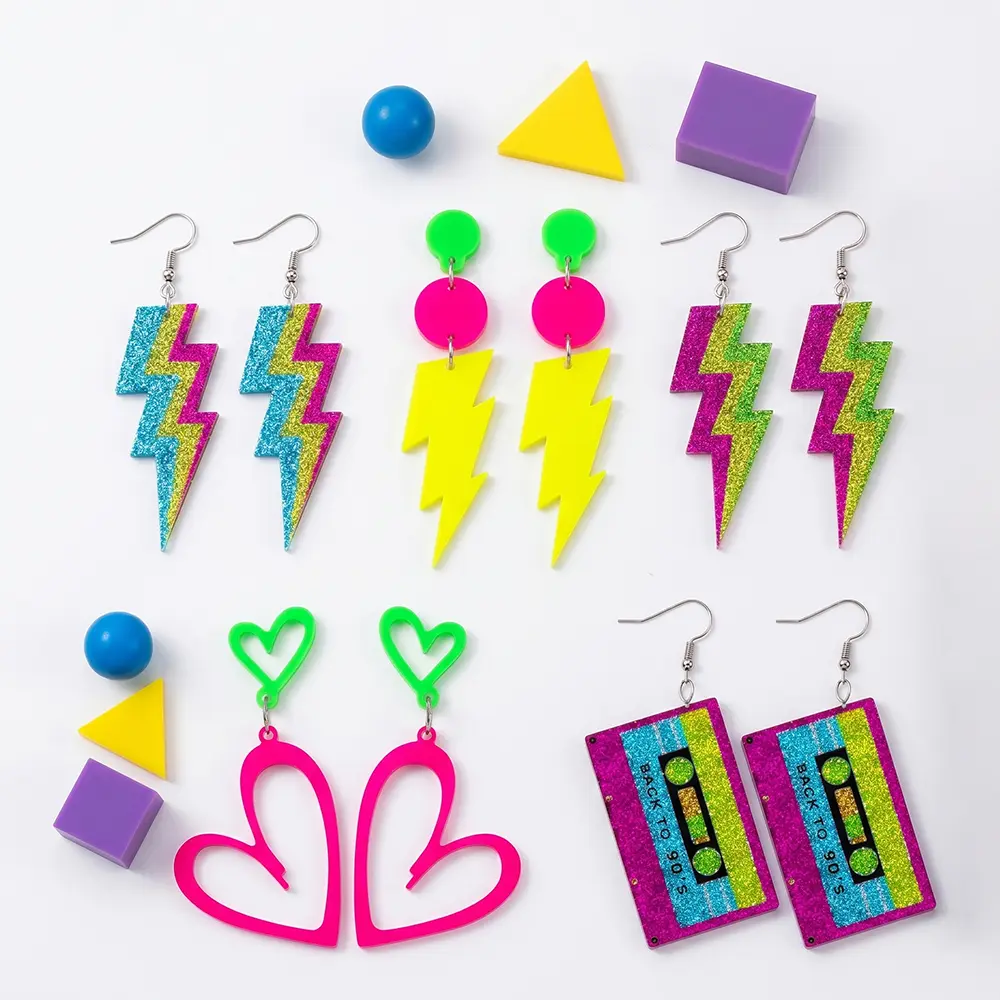5 Pairs Retro 80s 90s Neon Earrings, Fluorescent Acrylic Tape & Lightning Drop Earrings, Non-metallic Nostalgic Jewelry for Women, Bright Neon Style, Perfect for Glow Parties, Halloween Costumes, Themed Outfits and Daily Wear