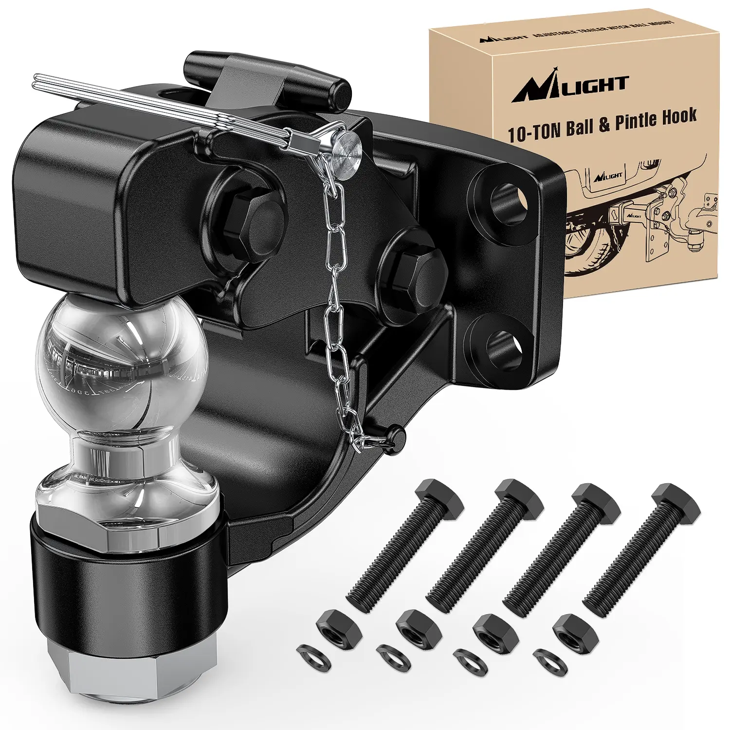 Nilight Bolt-On Pintle Hook & Trailer Hitch Receiver Combination with 2-5/16 inch Hitch Ball, Mounting Kit - 14000LBS Black Adjustable Powder-Coated for Towing ATVs, Hauling Motorcycles