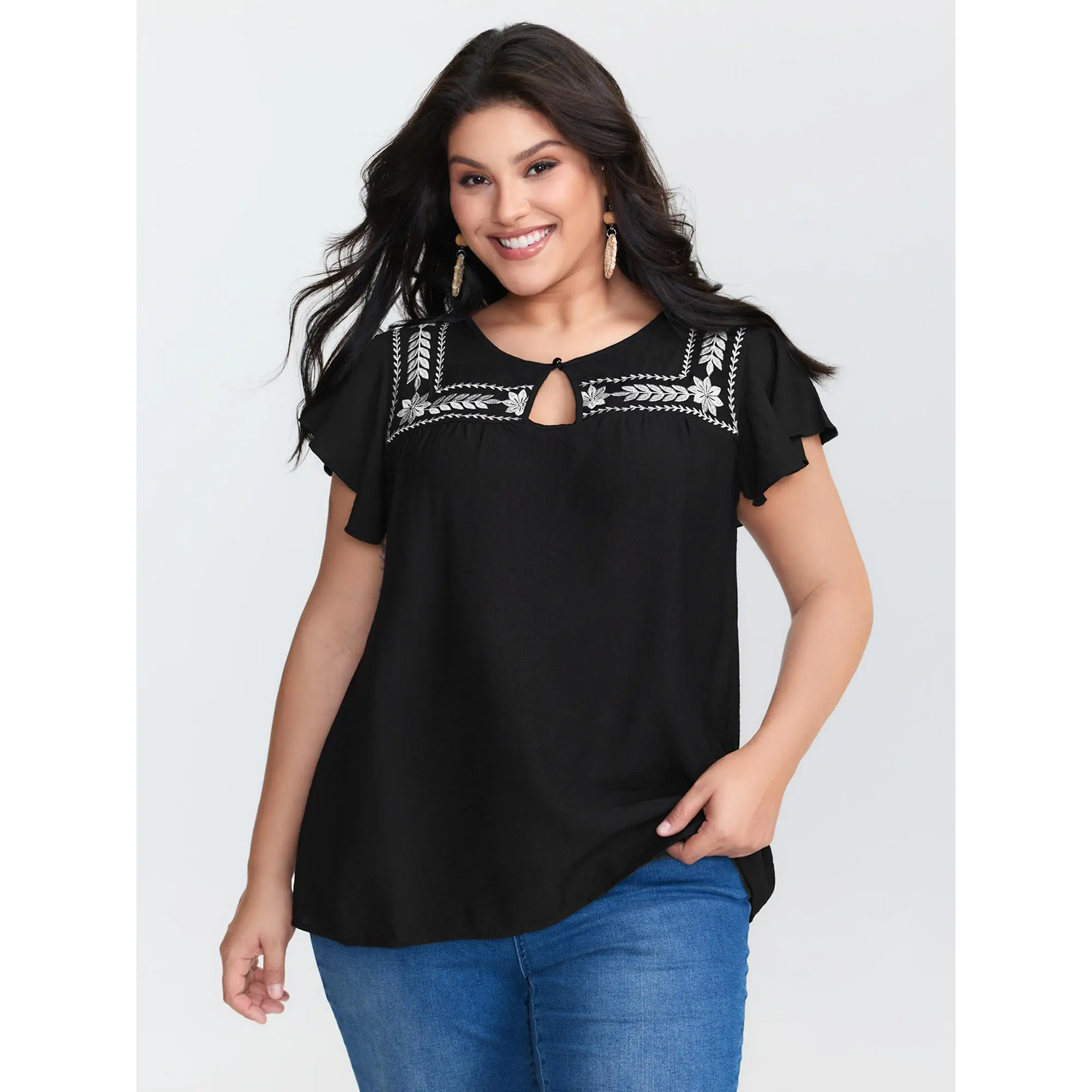 【Summer Turn-Up】【Essential】BlOOMCHIC Plus Size Embroidered Neckline Flutter Sleeve Blouse [M-6X]  Summerfinds Fit Shirts Nylon Womenswear Smooth Fabric