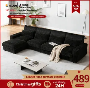 【Clearance Sale】Niccae 126-inch Corduroy L-Shaped Sofa with Cup Holder & USB Port, Movable Footrest, 4 Waist & Back Pillows, Spacious & Comfortable for 3-4 People, Chenille Fabric, Easy Assembly
