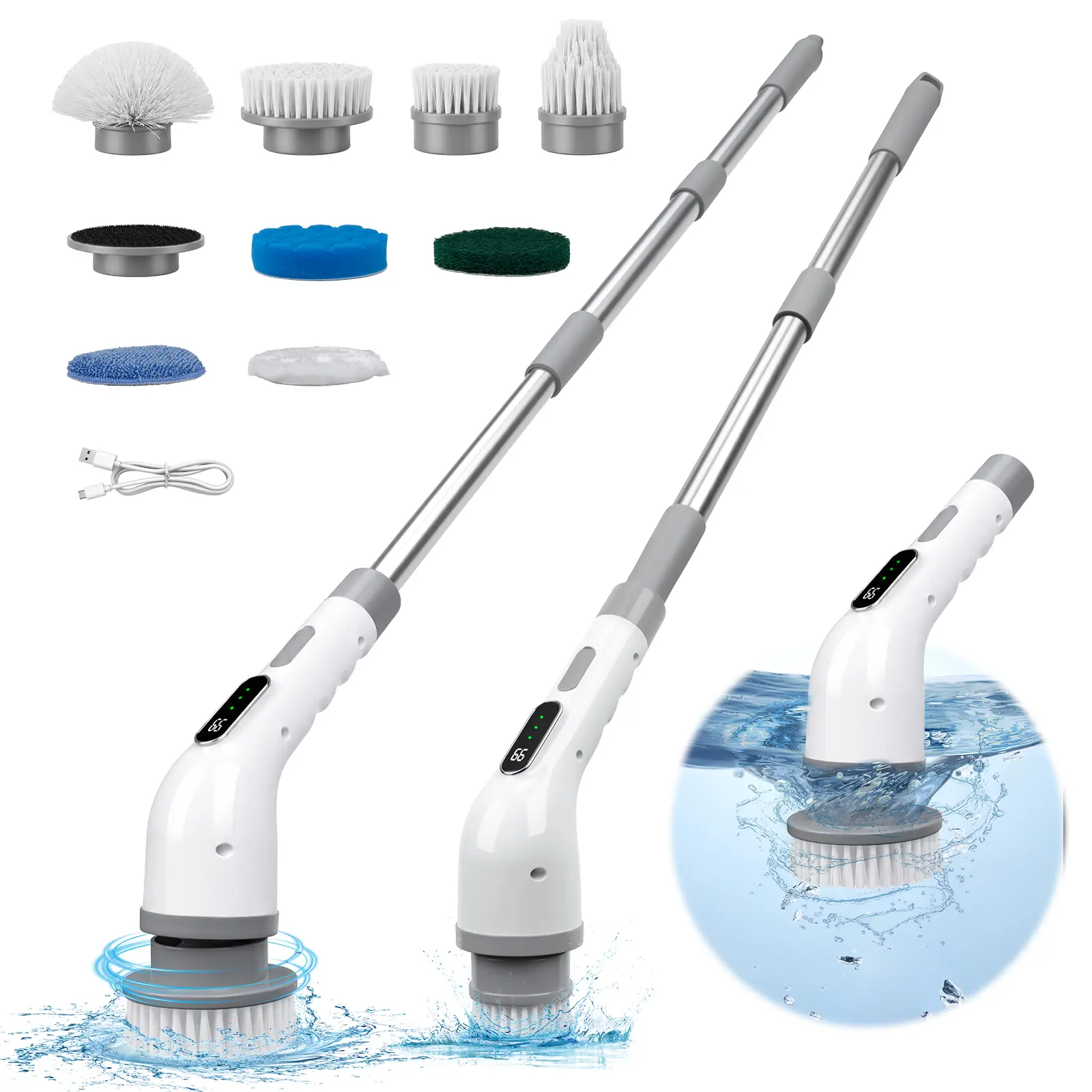 Electric Spin Scrubber Bathroom Cleaning Brush, Cordless Cleaning Brush with 9 Replaceable Brush Heads, Full Body Waterproof Tub and Floor Tile 360° Rotation Scrubber 3 Speed with Adjustable & Detachable Handle for Bathroom Kitchen Car