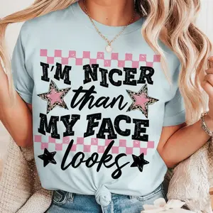 Women's Fitted Short-Sleeve Casual Wear T-Shirt - Funny "I'm Nicer Than My Face Looks" Snarky Sarcastic Retro Checkered Edgy Sassy Mom Style Top