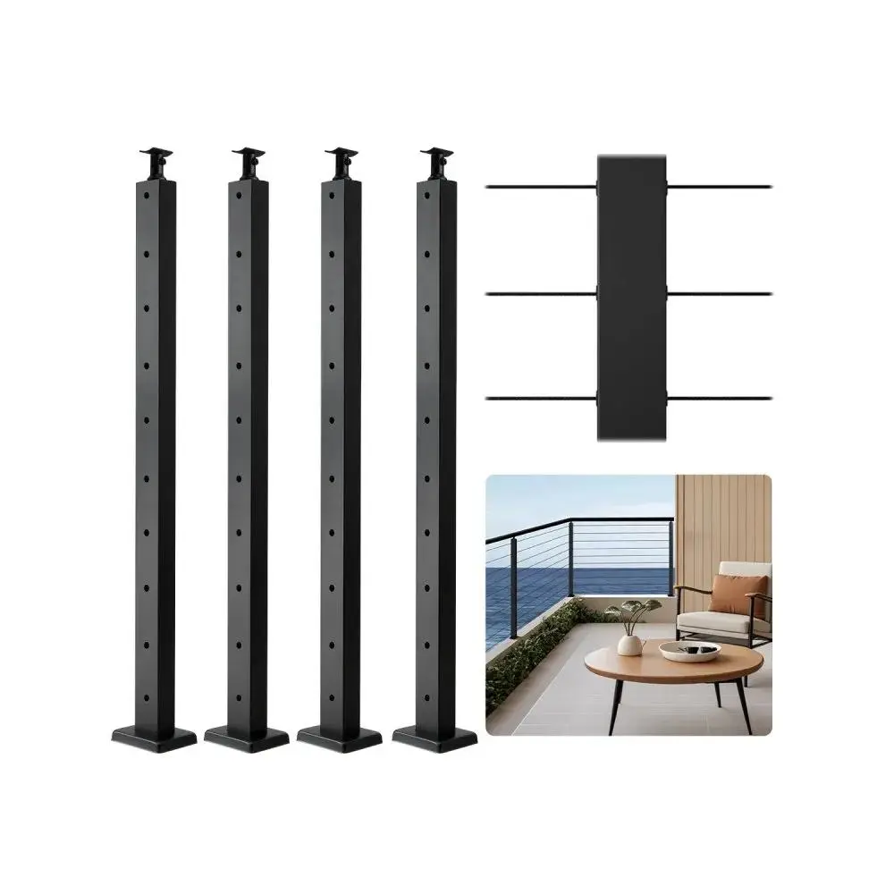 【SummerFinds】VEVOR 4-Pack Cable Railing Post, 36x1x2 In Horizontal-Hole Deck Railing Post with Pre-Drilled Holes, Stainless Steel Cable Rail Post with Horizontal and Curved Bracket, Black