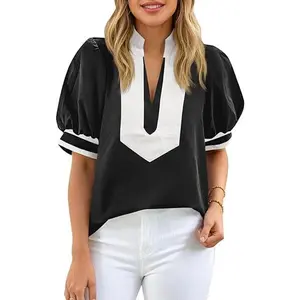 Cicy Bell Womens Color Block Puff Sleeve Blouses Summer Casual Dressy V Neck Tops Loose Fit Tee Shirts
