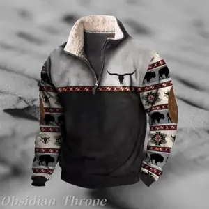 Sudadera Occidental Vintage para Hombre, Diseño Azteca, Cremallera 1/4, Cuello Alto, Beige, Estilo Casual y Clásico