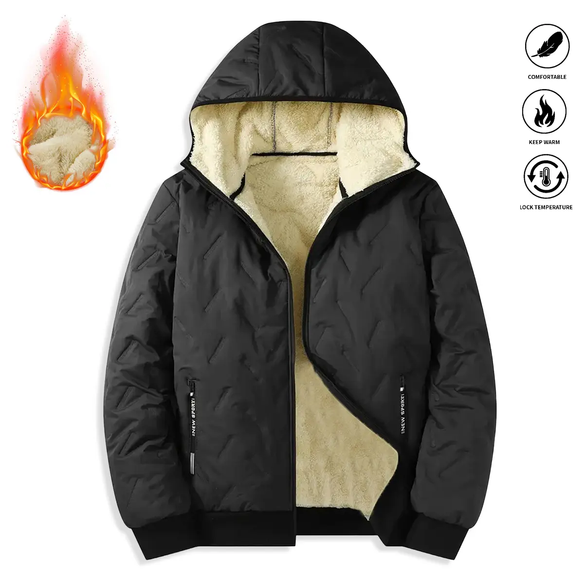 Men’s Solid-Color Long-Sleeve Polyester Fleece Hooded Jacket - Pull-On Style, Thick Lining for Warmth, Side Zip Pockets - Suitable for Casual Sports, Hiking/Light Outdoor Menswear Outerwear