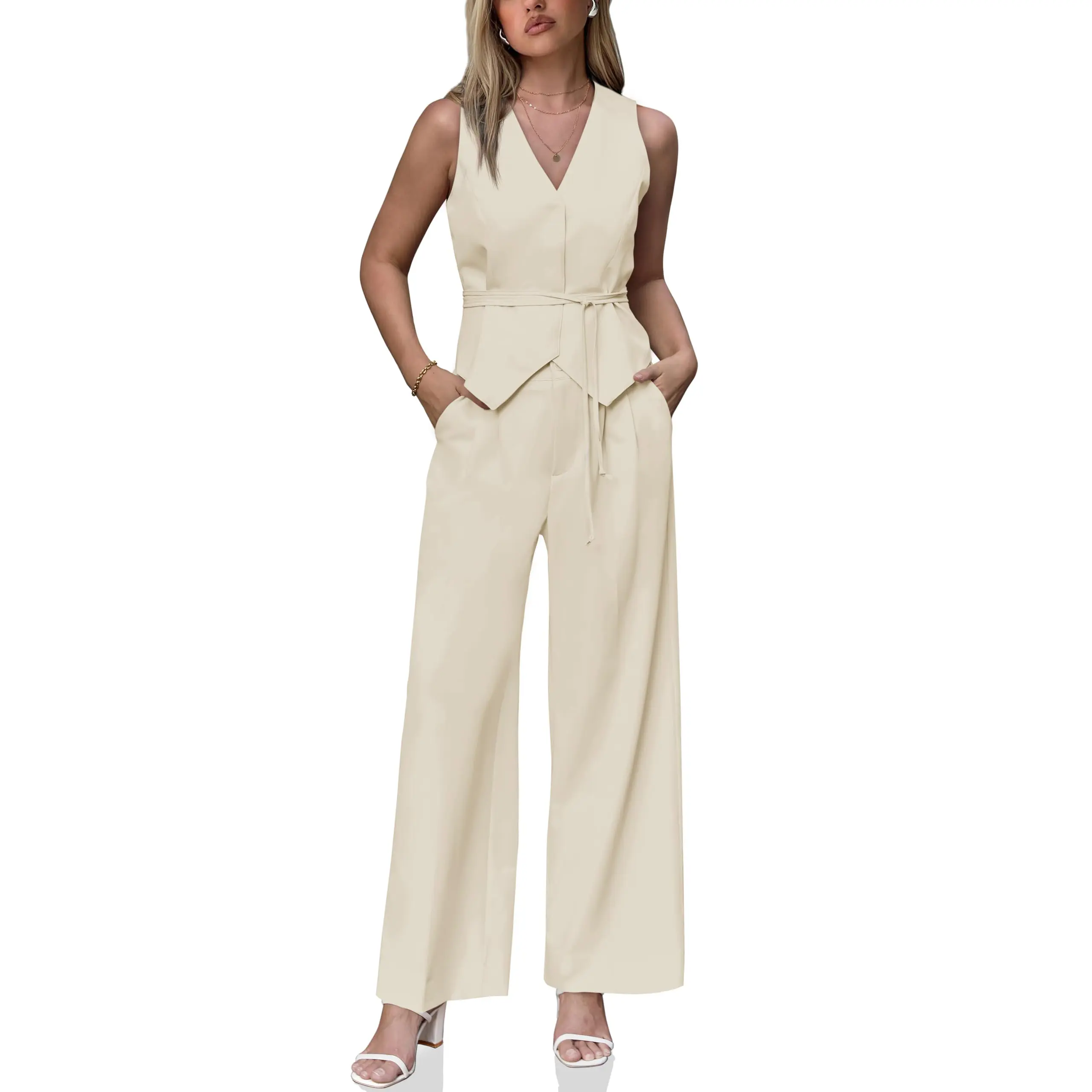 Cicy Bell Women's 2 Piece Outfits Sleeveless Tie Waist Suit Vest and Wide Leg Pants Business Casual Blazer Sets