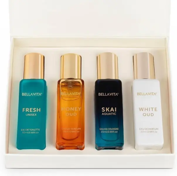 BellaVitai Unisex Cologne Gift Set 4x20ml – Includes Honey OUD (Sweet & Smoky), SKAI (Fresh Aquatic), Soap Aroma (Clean Soapy) + 1 Mystery Scent – Long-Lasting Travel Size Perfume Sampler Kit for Men & Women