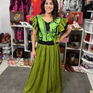 Vestido Rayon $65 -  Long Embroidered Made in Mexico  Maxi Dress with Ruffle Sleeves and Lace Detail