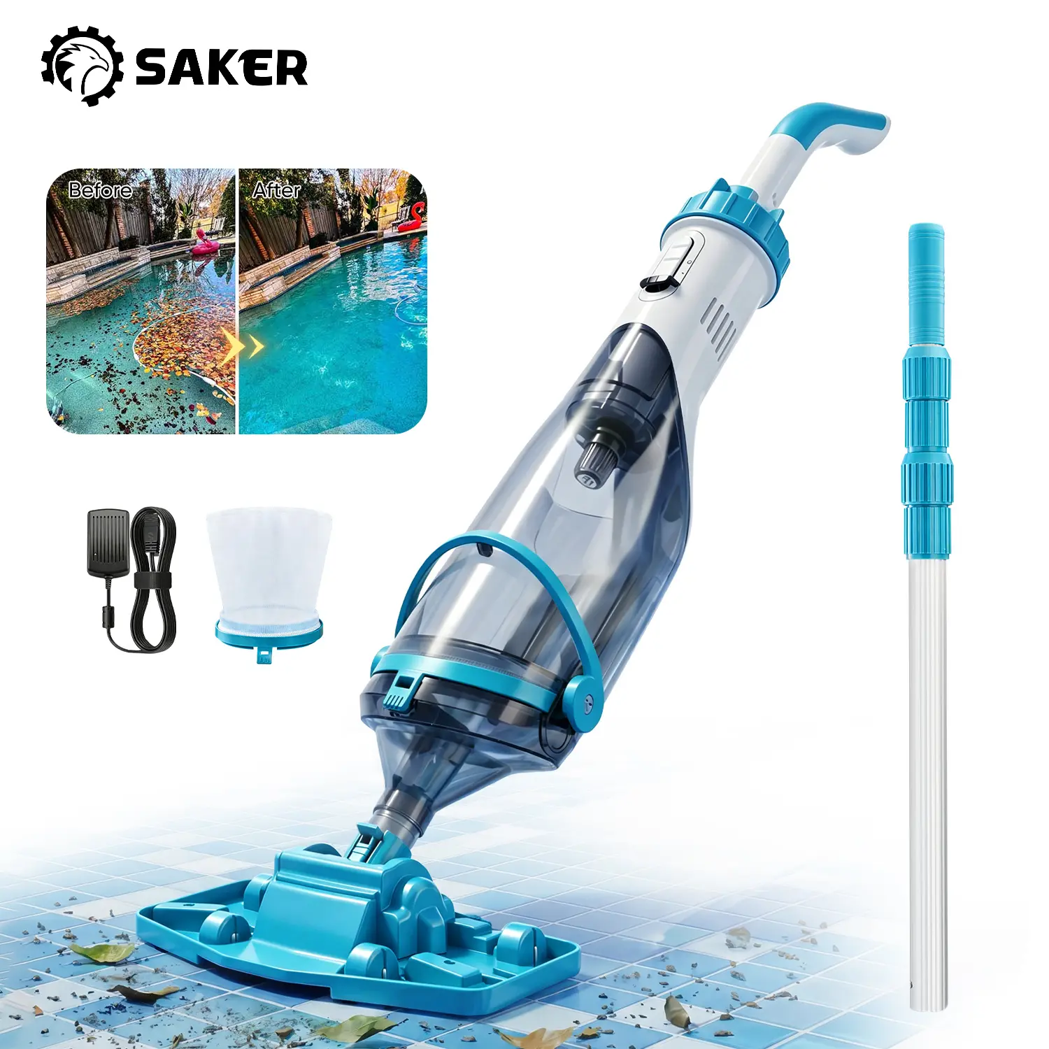 Saker Handheld Pool Vacuum for Above Ground Pool, Cordless Pool Cleaner with Telescopic Pole, 18.5 GPM Powerful Suction, 60-Min Runtime Rechargeable for Inground Pools, Spas, Hot Tubs