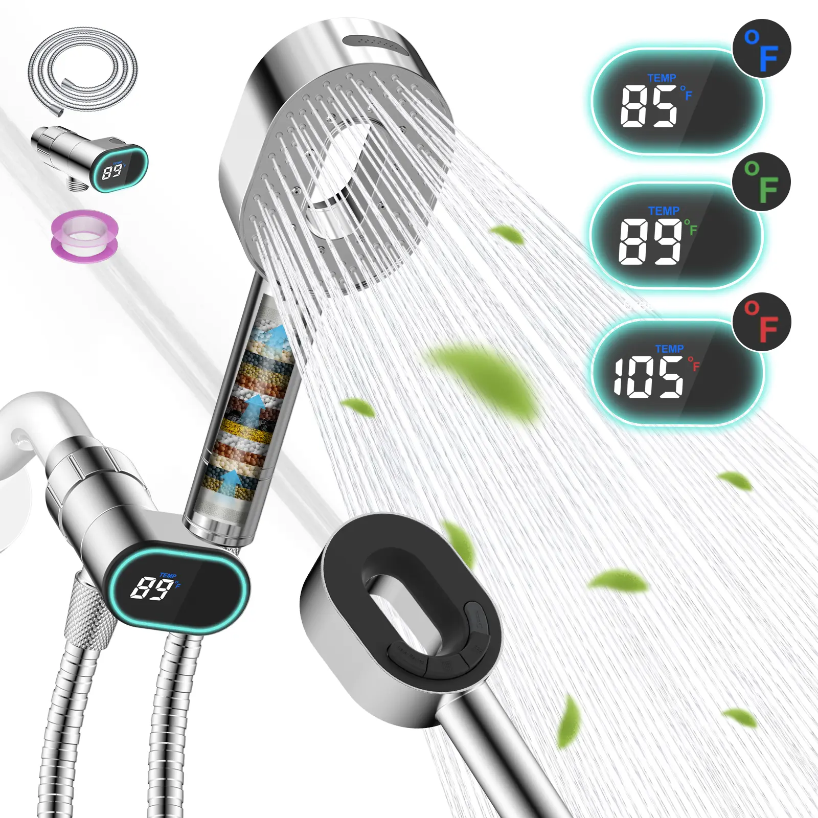 Hibbent Upgraded Filtered Handheld Rainfall Shower Head, High-Pressure 5-Spray Shower Heads with Chlorine-Removing Filter, LED Display Holder, Brass Pivot Bracket, 59in Hose, Chrome Finish, Filtered Shower Heads