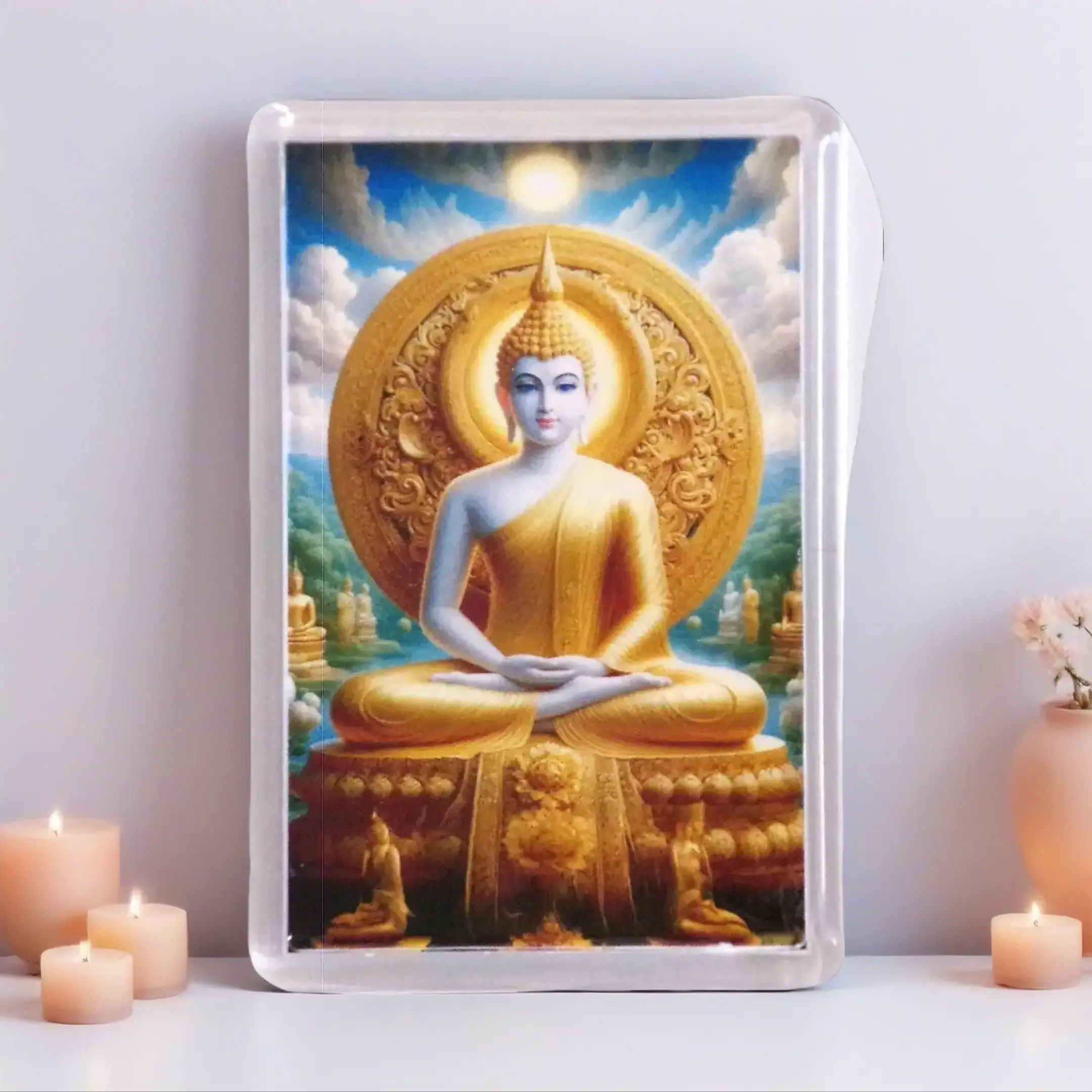 Lord Buddha Acrylic Fridge Magnet Hand-Crafted Dhyana Samadhi Meditation Mudra 3.03 x 2 in High-Quality Print for Kitchen School Office Decor Spiritual Enlightenment Gift