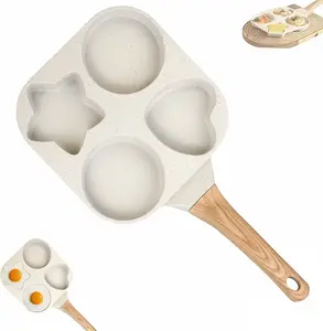 2026 Four-Hole Non-stick egg frying pan,Shaped Pancake Pan with Wooden Handle,Granite-Style Breakfast Skillet,Small Nonstick Pan for Eggs,Omelets,Toast,Pancakes&Crepes,Easy-Clean Multifunctional Kitchen Gadget,Compact Birthday Gift Idea pan