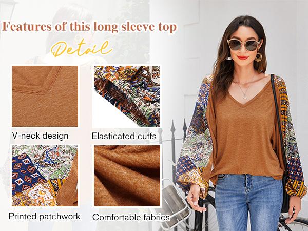 Boho Tops for Women Long Sleeve Fall Bohemian Casual Loose Fit Shirt Hippie Western Dressy Blouses
