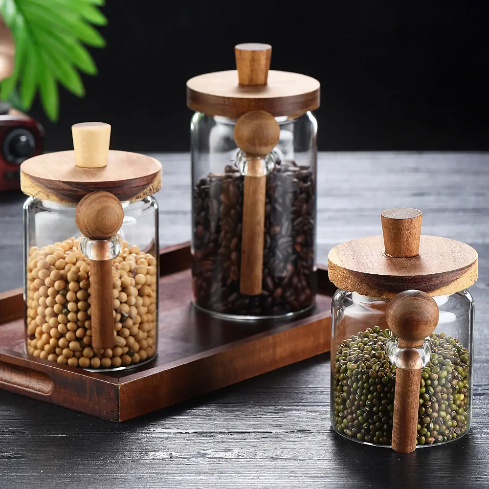 3-Piece Glass Canister Set with Bamboo Lids and Spoons, Kitchen Glass Mason Jars for Sugar, Coffee, Tea Storage, Decorative Countertop Organization Containers for Meal Prep, Bamboo Lid