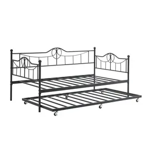 Metal Bed Frame Twin Size Trundle Daybed Heavy Duty Pull Out Sofa Bed with Headboard, Side Armrest ,Easy Assembly, Dual-Use Platform Bed for Living Room Bedroom Guest Room