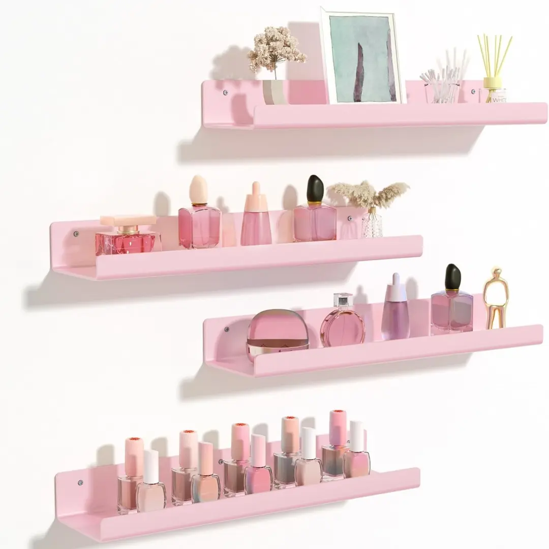 Pink Acrylic Floating Shelves - 4-Pack 15-in Wall-Mounted Set, Home Storage Organizer for Bathroom Accessories, Aesthetic Room Decor, Home Decor Items, Things for Rooms