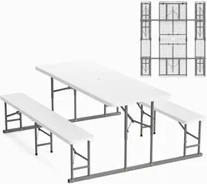 Karlhome Folding Picnic Table and Bench Set, Portable Outdoor Dining Furniture for Camping, Patio, Backyard, Wood Grain Plastic Top with Metal Frame